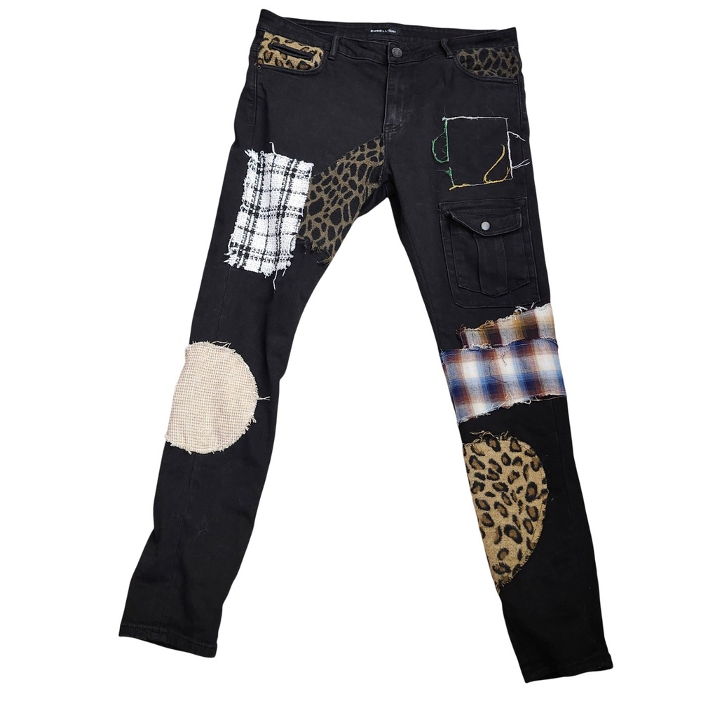 Embellish Trey Black Cargo Patchwork Jeans Leopard Plaid Size 36 Streetwear
